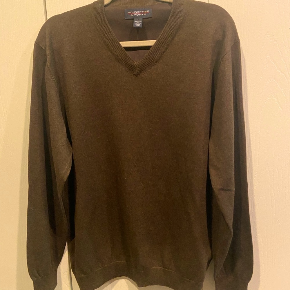 Roundtree & Yorke Chocolate Brown V-Neck Sweater Classic Knit Size L